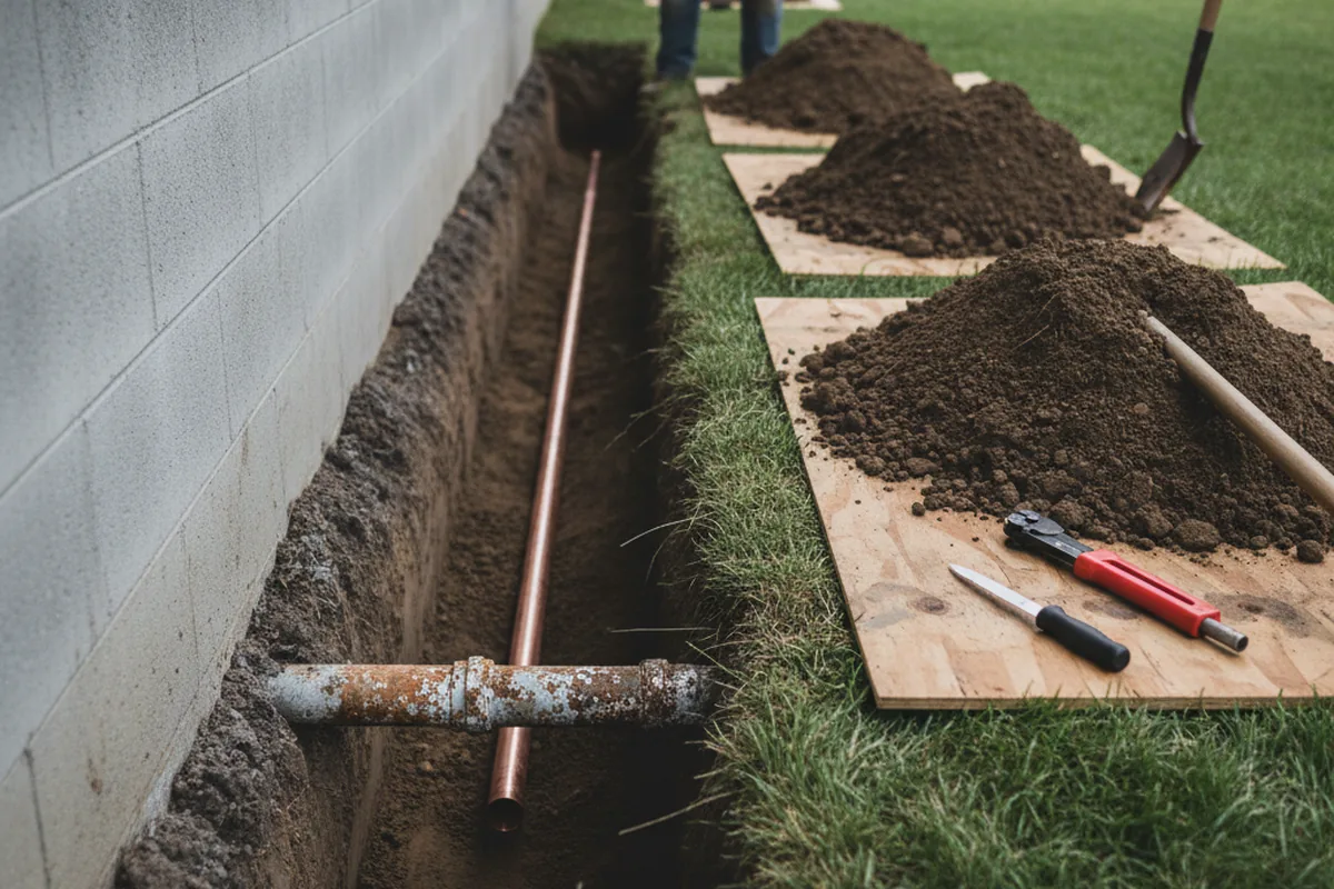 Excavated water line trench during Water Heater Repair in Livingston